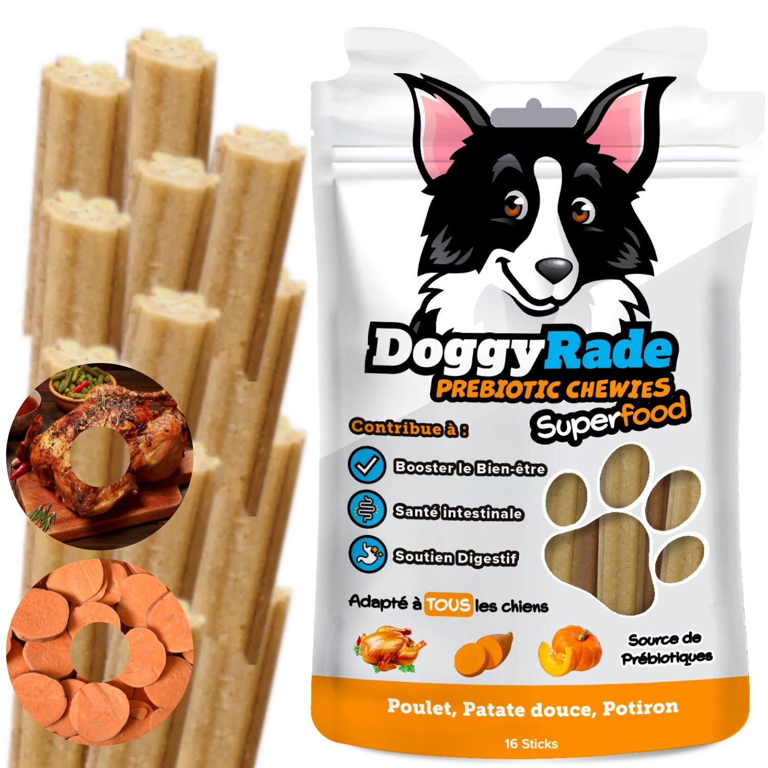 Friandises Prebiotiques A Macher Pour Chien Poulet Patate Douce Et Potiron Doggyrade Chewies Superfood